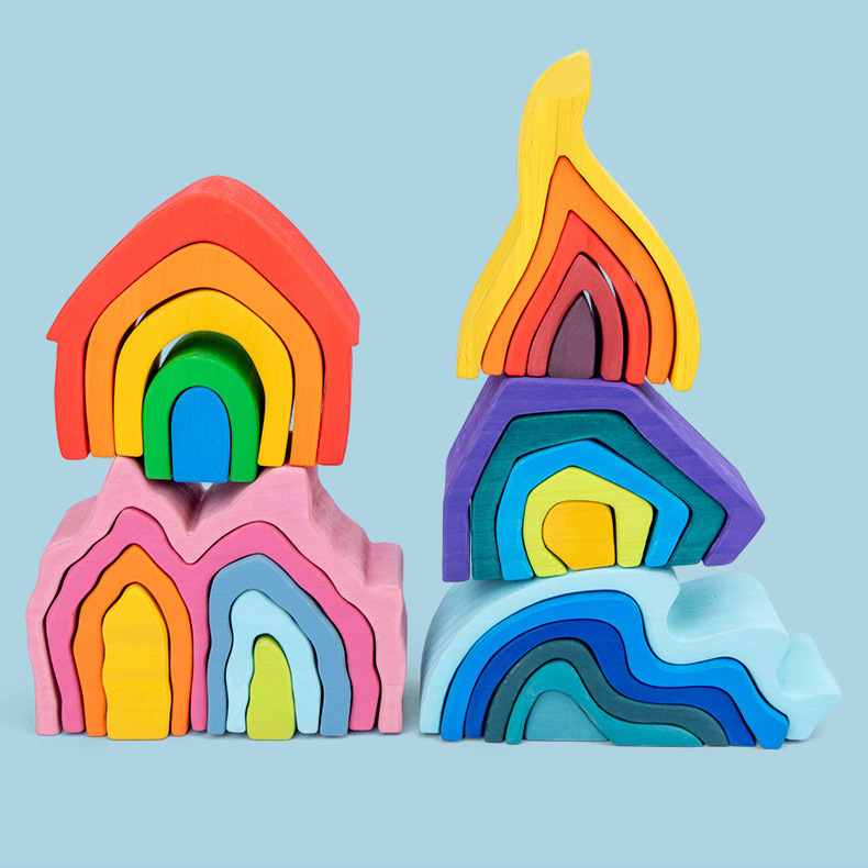 Juguetes de bloques de construcción de arco iris de madera con forma de fuego